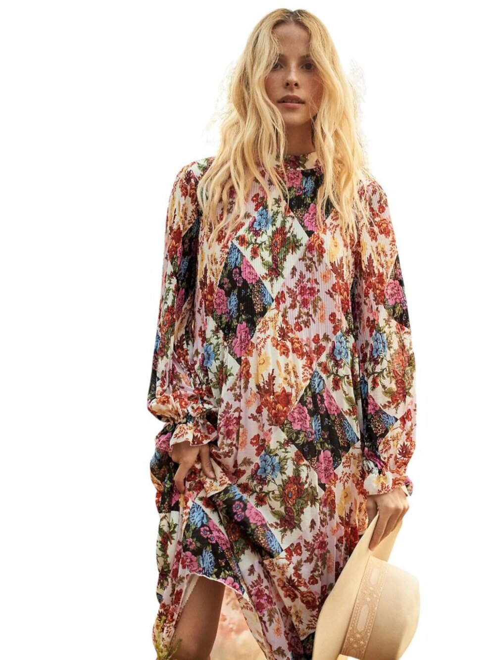 Anthropologie Shara Floral Pleated Long Sleeve Midi Dress